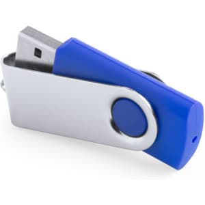 A blue and silver USB memory stick with a swivel design, featuring a logo. Capacity: 16GB.