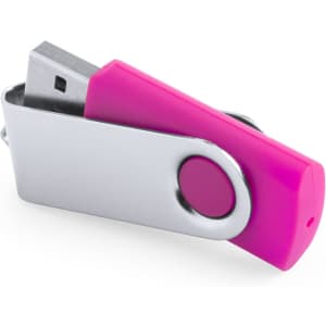 A pink and silver USB memory stick, featuring a shiny metal body and a push-button design.