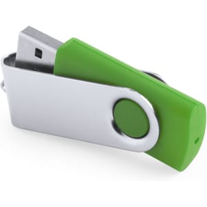 A USB memory stick in green and silver, designed for data storage. It features a logo on its body.