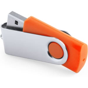 A USB memory stick with a silver body and an orange cap, featuring a circular button.