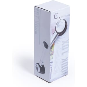 A boxed magnifier with a silver handle and a circular lens. The packaging is predominantly white with some graphic elements.