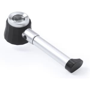 A magnifying glass with a black rubber handle and a silver metal stem, featuring a clear lens.