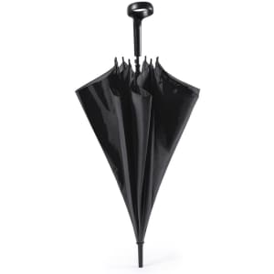A black umbrella with a curved handle, featuring a sleek design and multiple ribs for support.