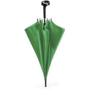 A green umbrella with a black handle, featuring a simple design. It has a streamlined shape and a sturdy frame.