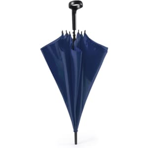 A navy umbrella with a curved black handle and a simple design, featuring a logo on the handle.