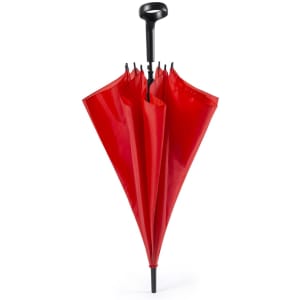 A red umbrella with a black handle, featuring a classic curved design and a sturdy frame. It includes a logo.
