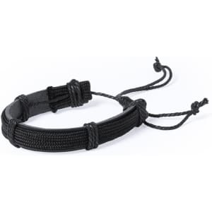 A black bracelet made of leather and polyester with adjustable ties. It features a textured design and has a logo.