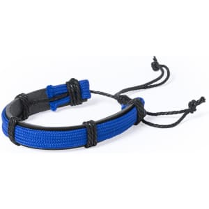 A blue and black bracelet made of leather and polyester, featuring adjustable cords and a sleek design.