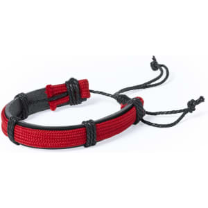 A bracelet made of red polyester and black leather, featuring adjustable ties for size. It has a logo.