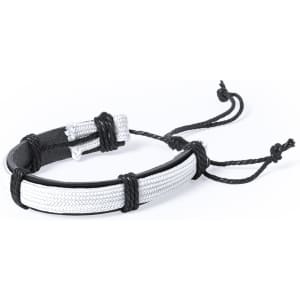 A bracelet made of leather and polyester, featuring a black and silver design with adjustable strings.