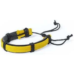 A yellow and black bracelet made of leather and polyester with a woven design and adjustable ties.