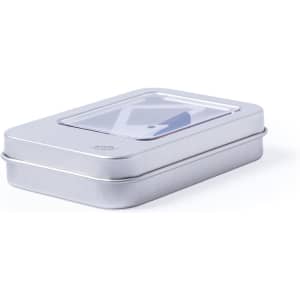A silver rectangular tin with a transparent lid, housing a USB memory stick inside.