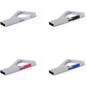 A USB memory stick with an ergonomic design, available in grey with black, red, or blue accents. Features a logo.