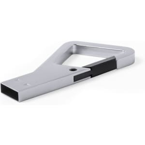 A silver USB memory stick with a unique triangular design and a black section. It has a logo on it.