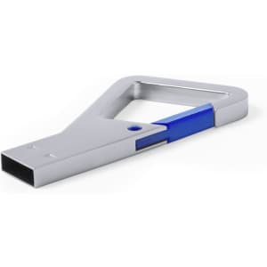A silver and blue USB memory stick with a unique handle design, featuring a logo on the side.