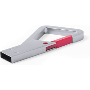 A silver USB memory stick with a red accent, featuring a unique shape and a basic USB connector.