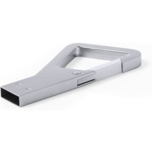 A silver USB memory stick with a unique triangular design and a branding logo.