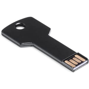 A black USB memory stick shaped like a key, featuring a metal connector for easy plugging in.