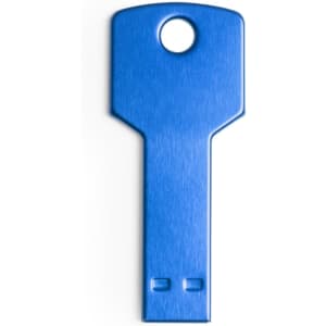 A blue USB memory stick designed in the shape of a key. It includes a keyring hole at the top.