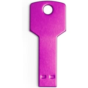 A pink USB memory stick in the shape of a key with a hole for attaching to a keyring.