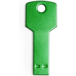 A green USB memory stick shaped like a key, featuring a circular hole at the top and a sleek design.