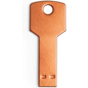 An orange USB memory stick shaped like a key, featuring a circular hole at the top and a branding logo.