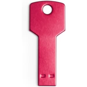 A red USB memory stick designed in the shape of a key, featuring a metal finish and a hole for attachment.