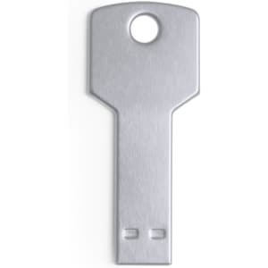 A silver USB memory stick in the shape of a key, featuring a hole for attachment and a smooth finish.