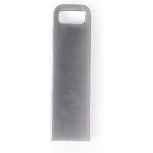 A silver USB memory stick with a sleek design and a loop for easy attachment. It has a branding logo.