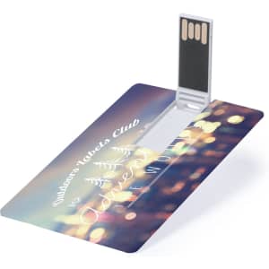 A sleek USB memory stick in a credit card style, featuring a vibrant design with a logo and a grey connector.