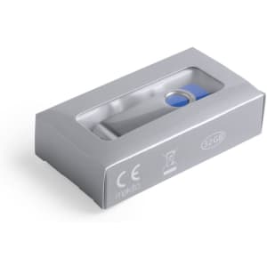 A USB flash drive in silver and blue packaging, displaying a window to view the 32GB product.