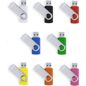A collection of USB flash drives in white, black, red, blue, green, yellow, and orange, all featuring a swivel design.