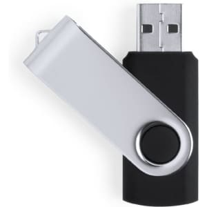 A USB memory stick in black and silver, featuring a swivel design and a metallic finish. It has a logo on the side.