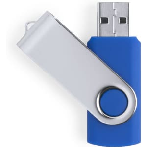A blue and silver 32GB USB memory stick with a swivel design and a metal loop for attachment.