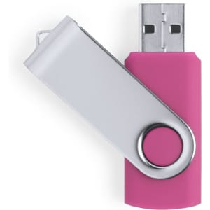 A pink USB memory stick with a metallic swivel cap. It features a circular attachment point and a logo.