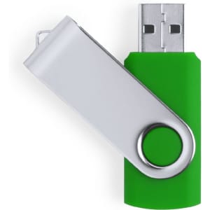 A green USB memory stick with a silver swivel cap, featuring a keyring loop.