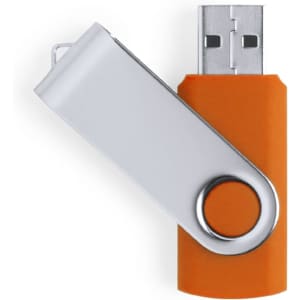 A USB memory stick in orange with a silver swivel cover, featuring a branding logo. Capacity is 32GB.