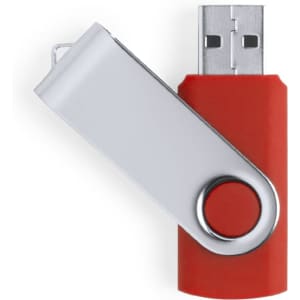 A red and silver USB memory stick, featuring a swivel design and a circular thumb grip, with a capacity of 32GB.