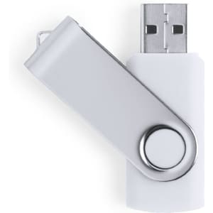 A white 32GB USB memory stick with a silver swivel section and a circular button, featuring a logo.