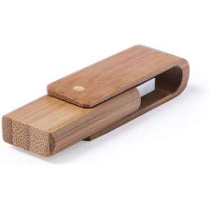 A bamboo USB memory stick with a sleek design, featuring a wooden casing in natural tones. It has a logo on the side.