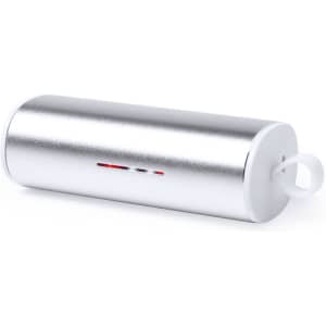 A metallic silver cylindrical earphone case with a loop handle, featuring a simple, sleek design and a logo.