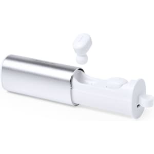 A pair of white earphones with a silver charging case, including one earphone outside the case.