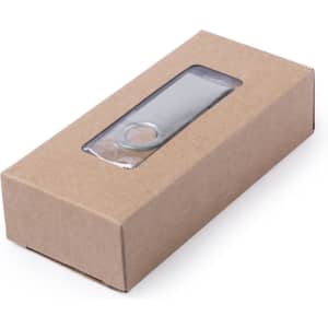 A USB memory stick with a recycled cardboard body, packaged in a simple brown box with a clear window.