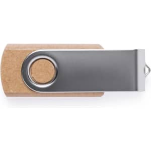 A USB memory stick with a body made from recycled cardboard, featuring a silver metal clip.