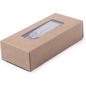 A brown cardboard box with a clear window showing a USB memory stick inside.