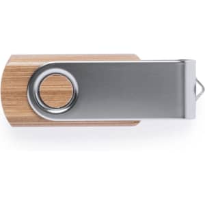 A USB memory stick with a silver metal casing and a wooden, bamboo-like body. It features a circular hole for attachment.