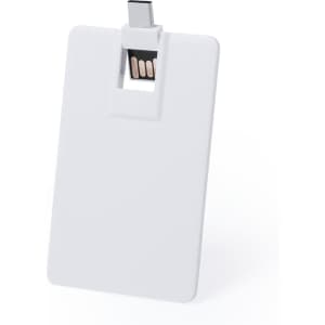 A white USB memory stick with a compact design, featuring a connector that slides out for use.