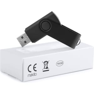 A black USB memory stick with a swivel design, featuring a white packaging box marked with 16GB.