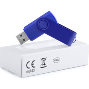 A blue USB memory stick, 16GB, positioned on a white box with a logo.