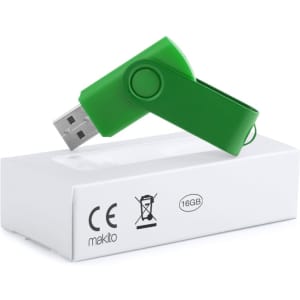 A green USB memory stick positioned on a white box, featuring a branding logo and marked as 16GB.